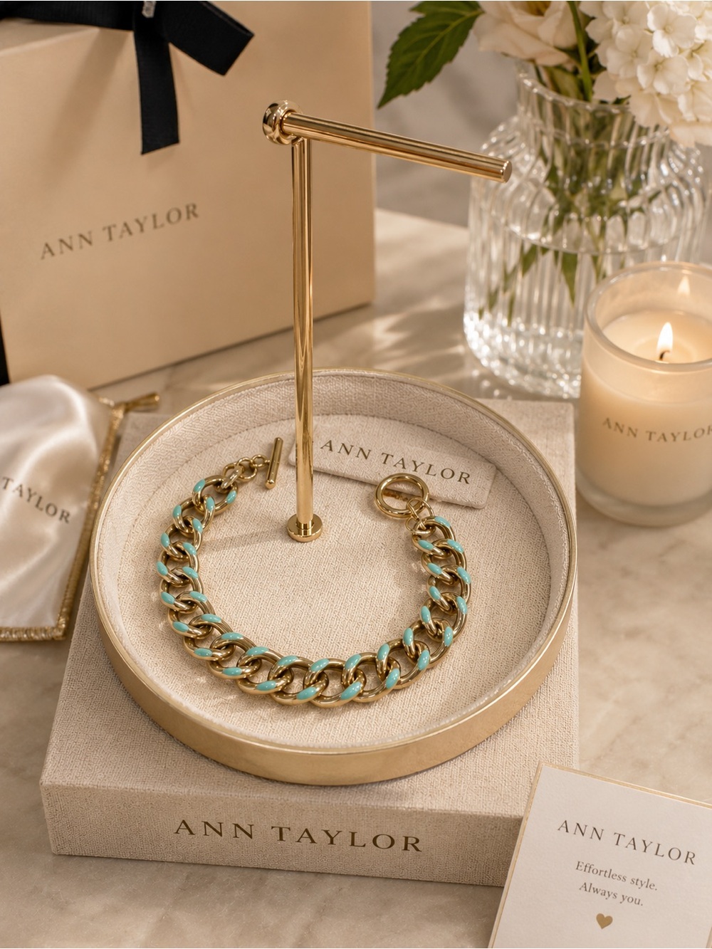 Ann Taylor Gold-Tone Chain Bracelet with Turquoise Enamel Links